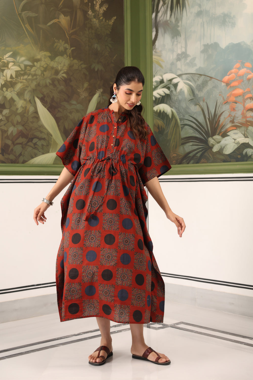 Maroon Mandala Cotton Maternity - Nursing Kaftan ( One-Size )