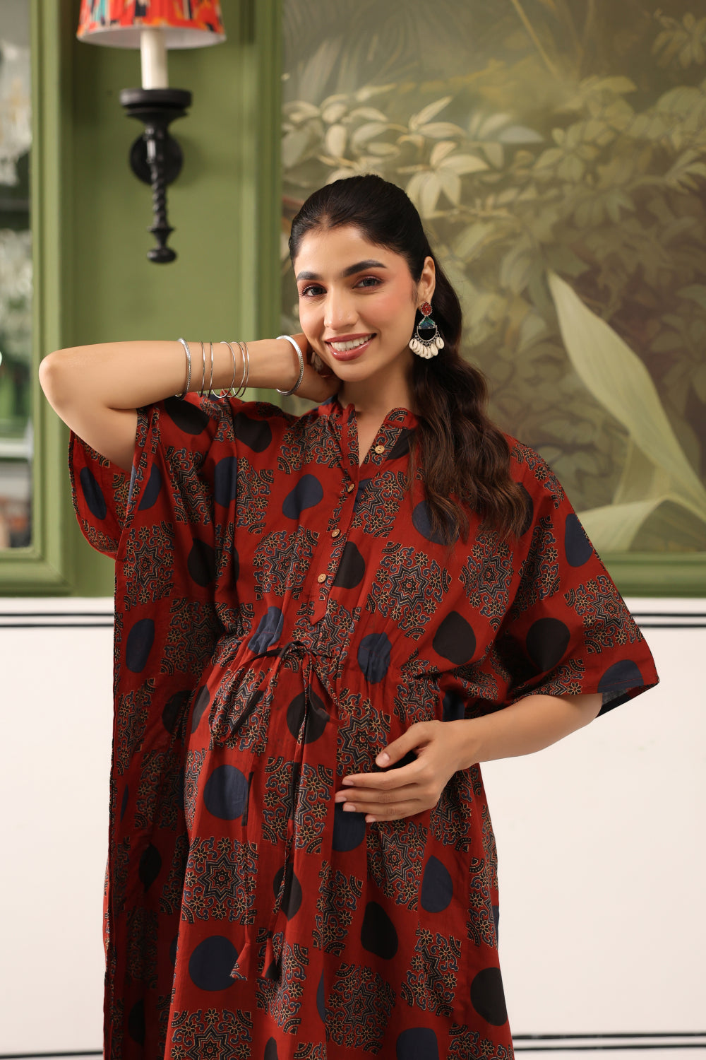 Maroon Mandala Cotton Maternity - Nursing Kaftan ( One-Size )