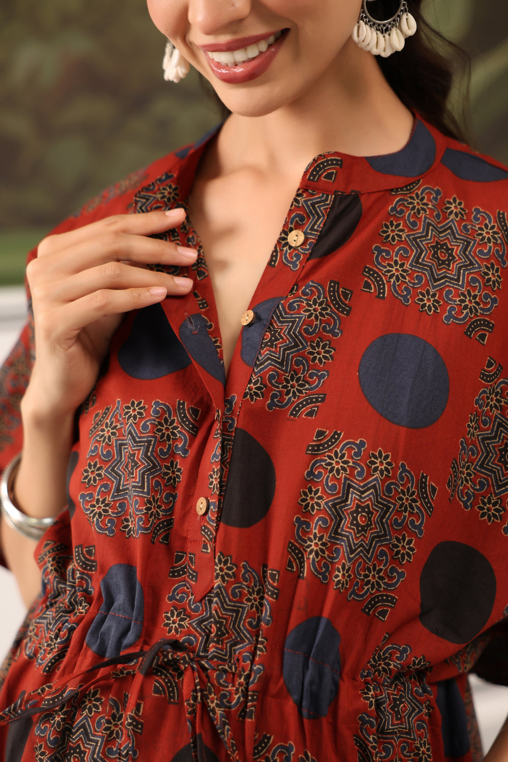 Maroon Mandala Cotton Maternity - Nursing Kaftan ( One-Size )
