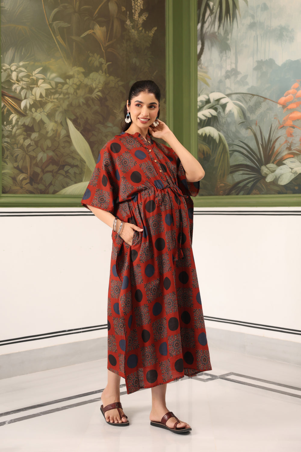 Maroon Mandala Cotton Maternity - Nursing Kaftan ( One-Size )
