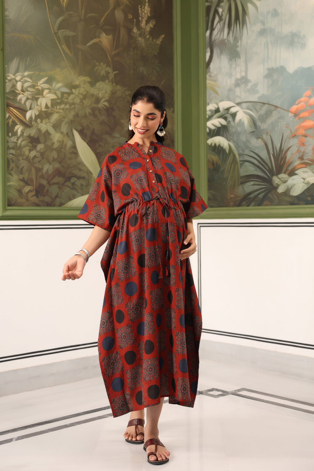 Maroon Mandala Cotton Maternity - Nursing Kaftan ( One-Size )