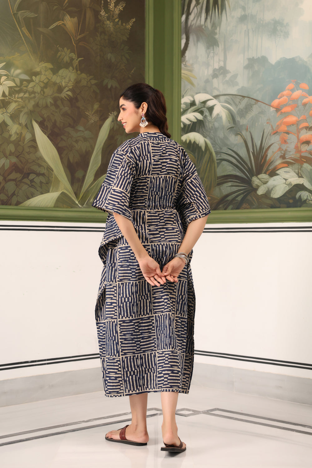 Indigo Maze Cotton Maternity - Nursing Kaftan ( One-Size )