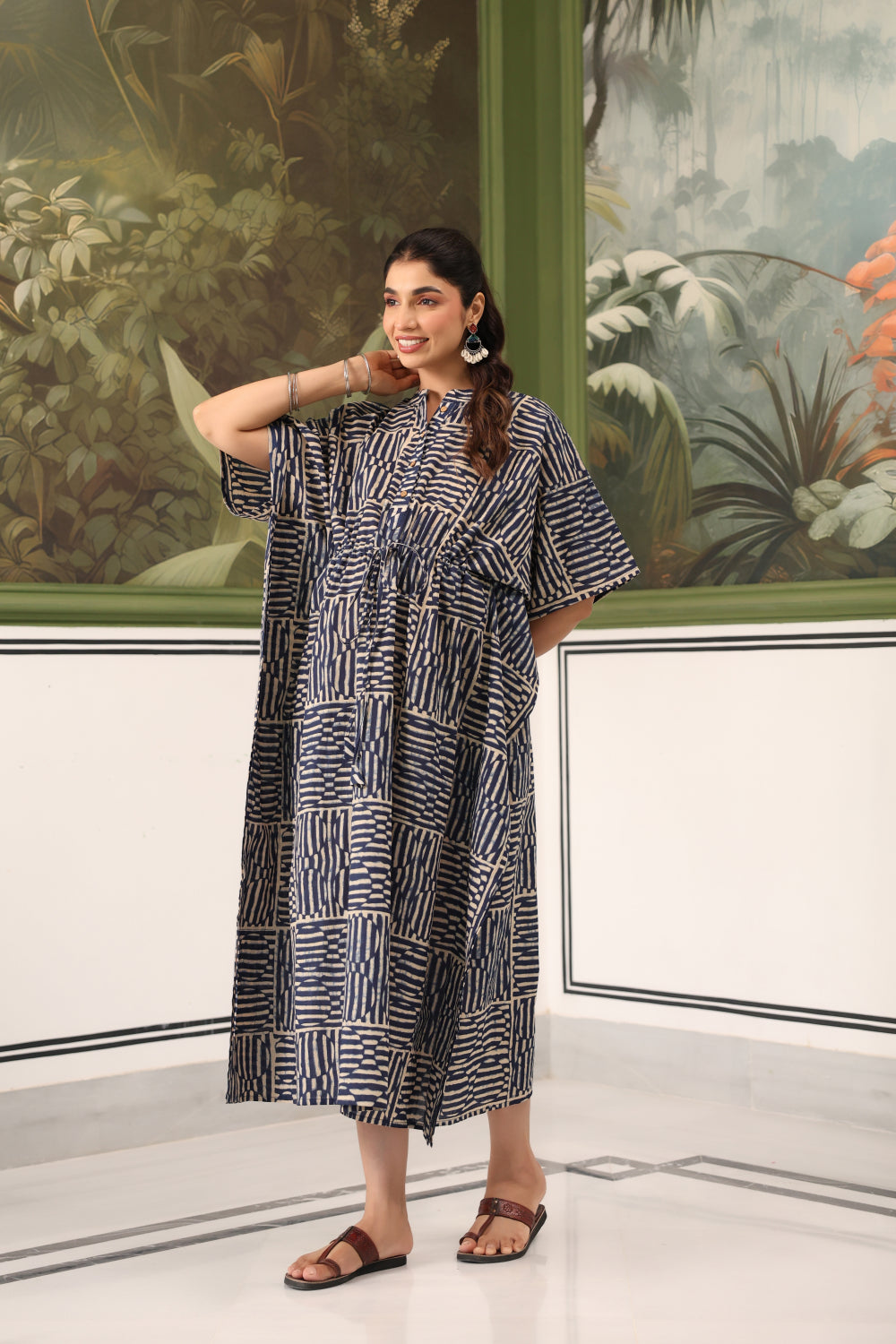 Indigo Maze Cotton Maternity - Nursing Kaftan ( One-Size )