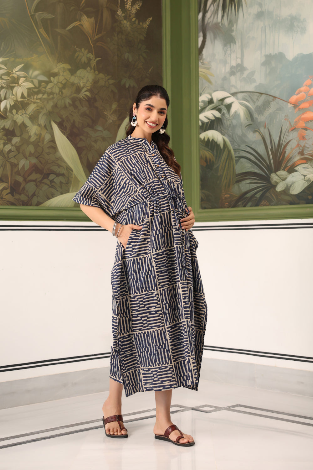 Indigo Maze Cotton Maternity - Nursing Kaftan ( One-Size )