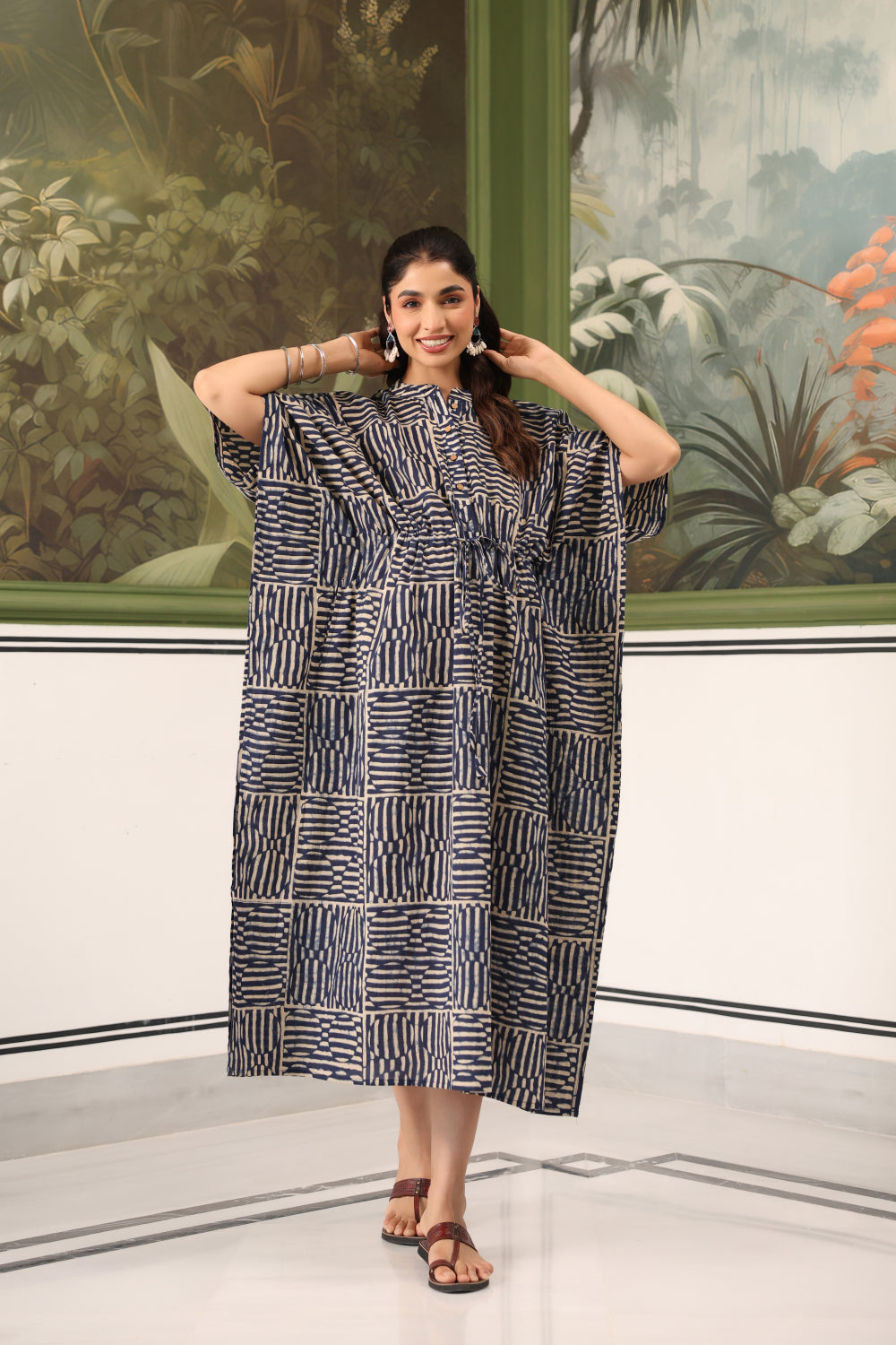 Indigo Maze Cotton Maternity - Nursing Kaftan ( One-Size )