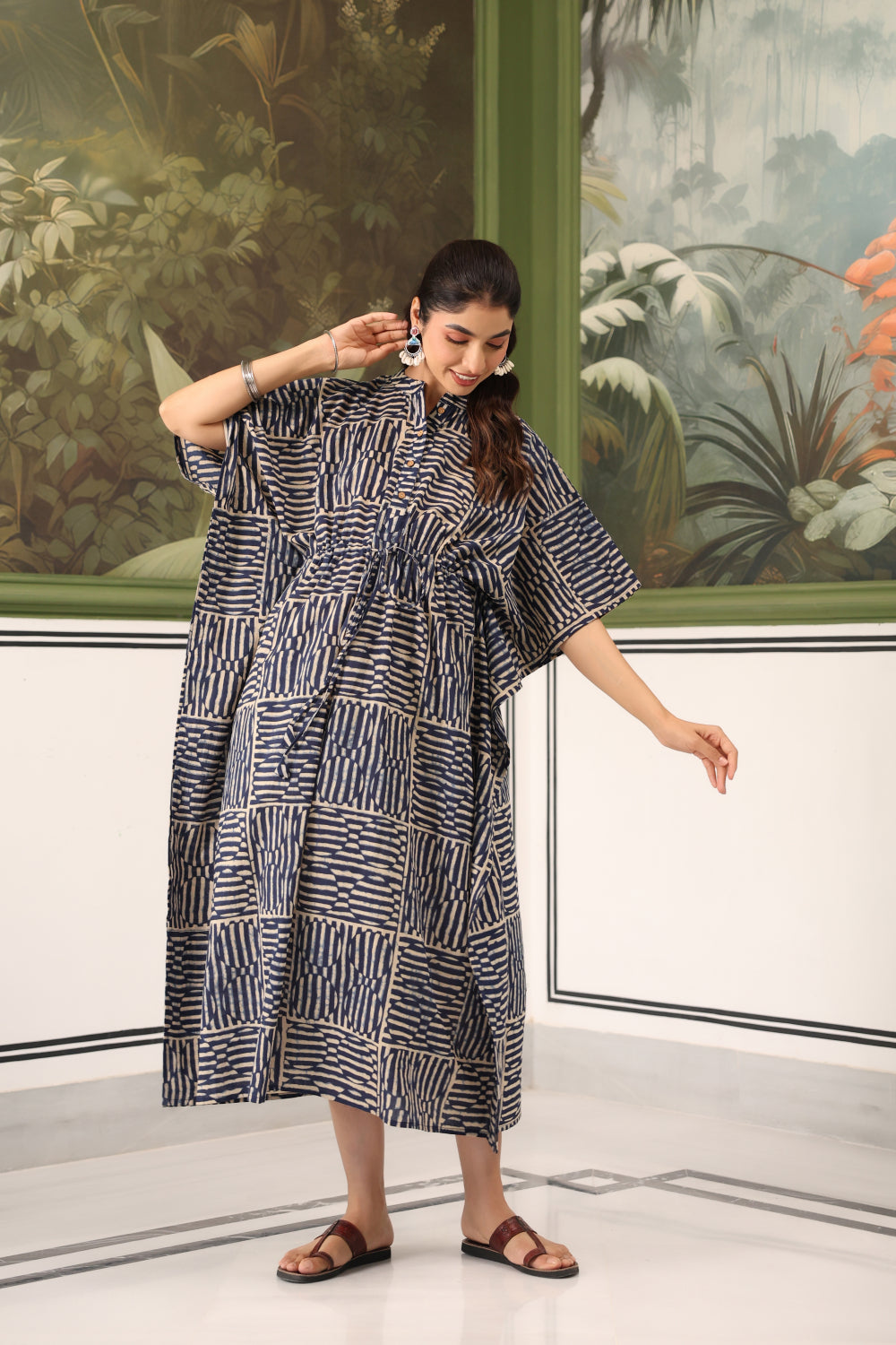 Indigo Maze Cotton Maternity - Nursing Kaftan ( One-Size )