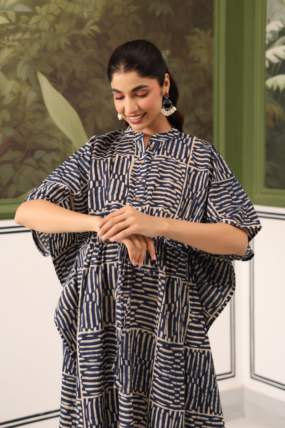 Indigo Maze Cotton Maternity - Nursing Kaftan ( One-Size )