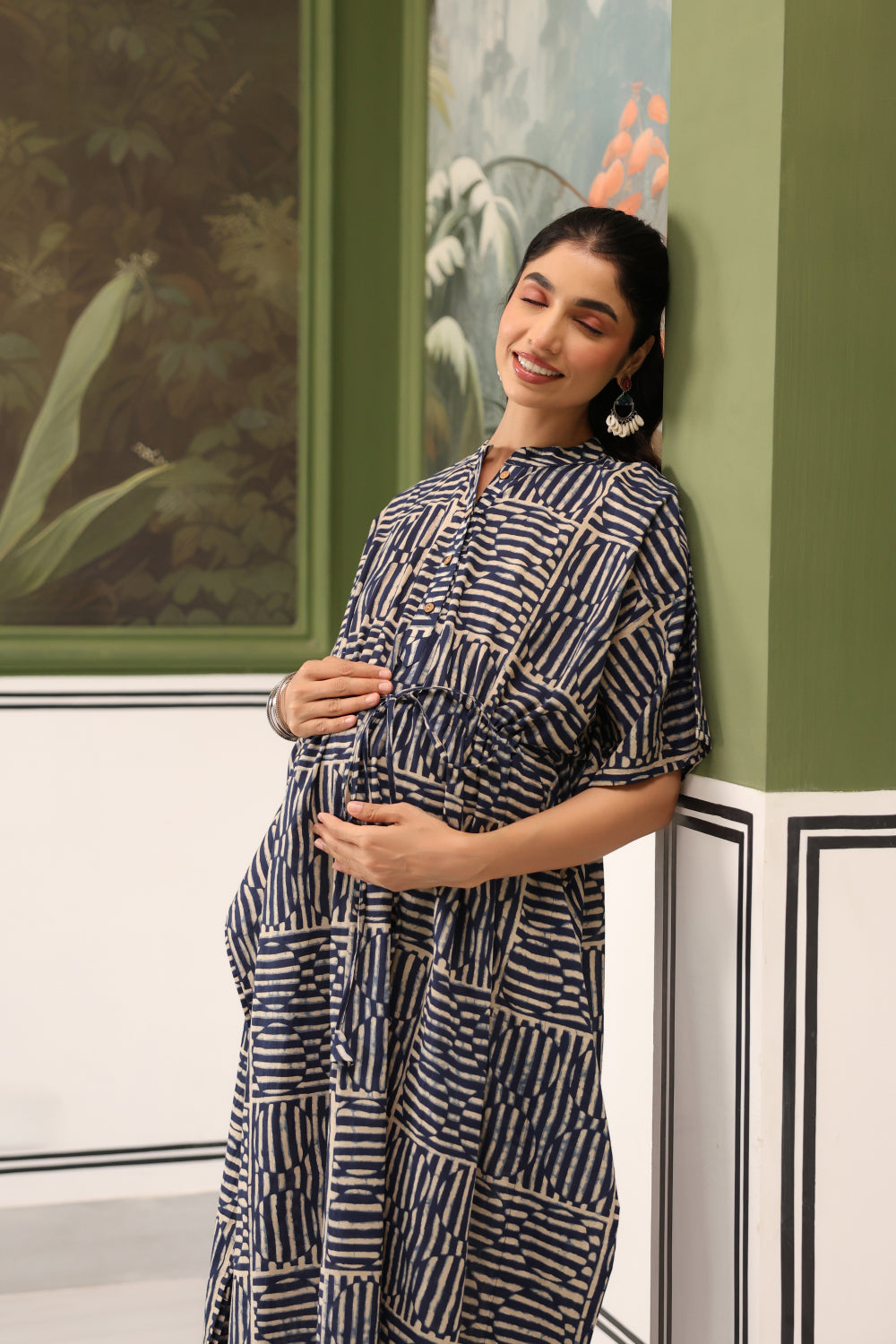 Indigo Maze Cotton Maternity - Nursing Kaftan ( One-Size )