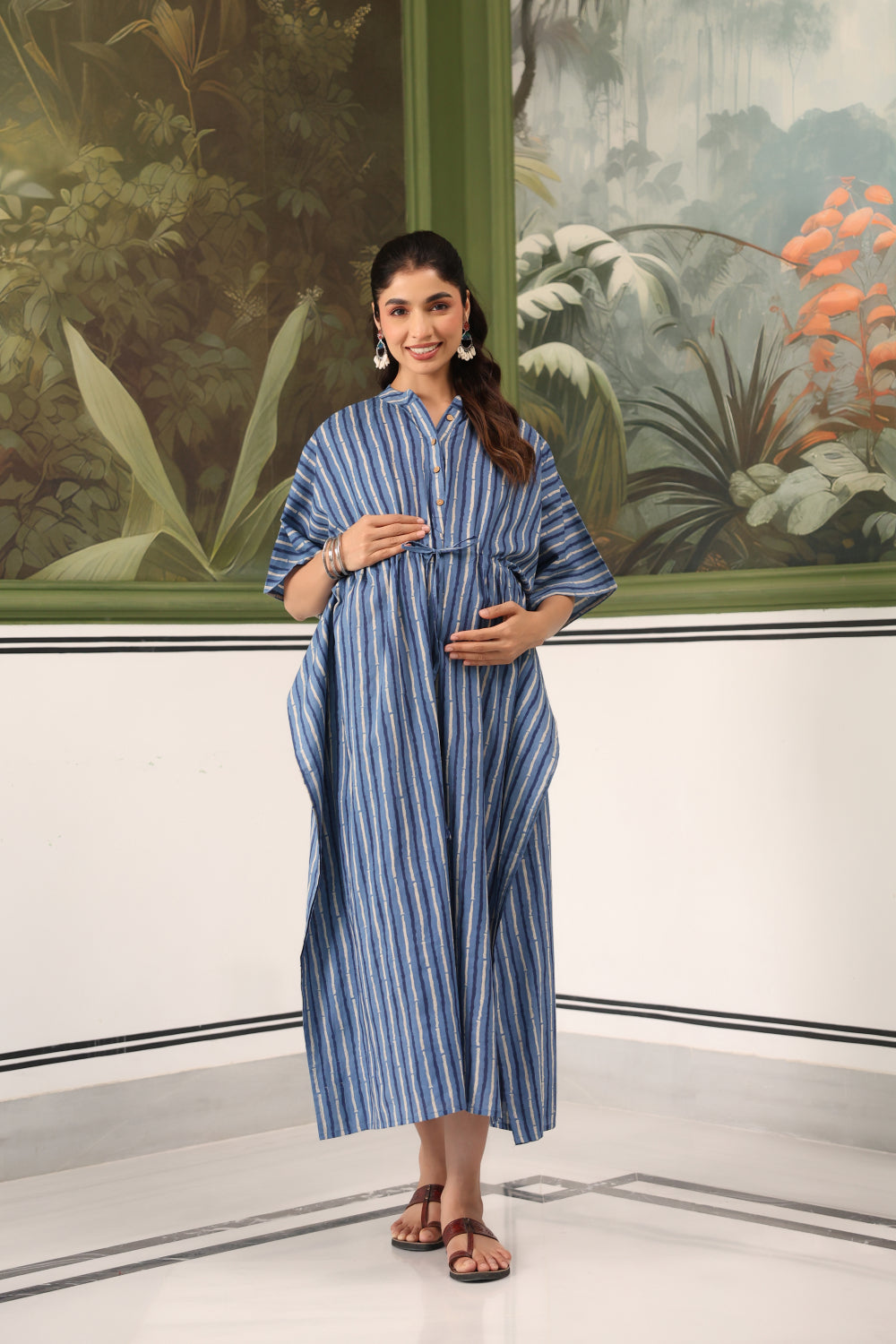 Indigo Stripes Cotton Maternity - Nursing Kaftan ( One-Size )