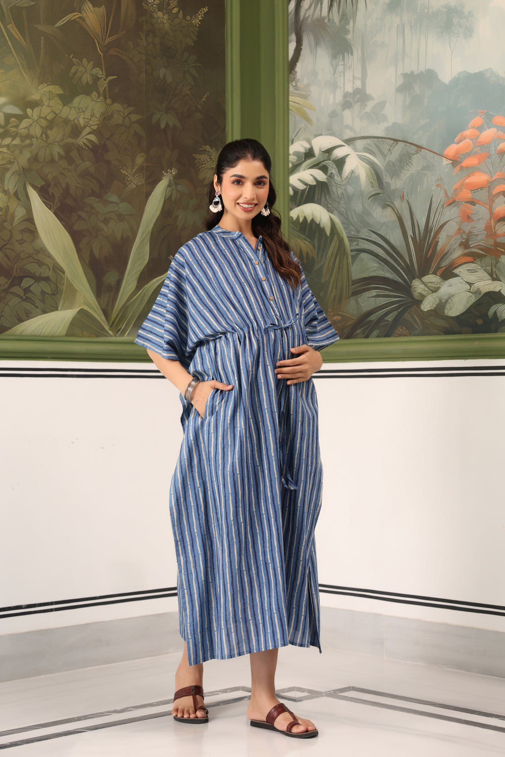 Indigo Stripes Cotton Maternity - Nursing Kaftan ( One-Size )