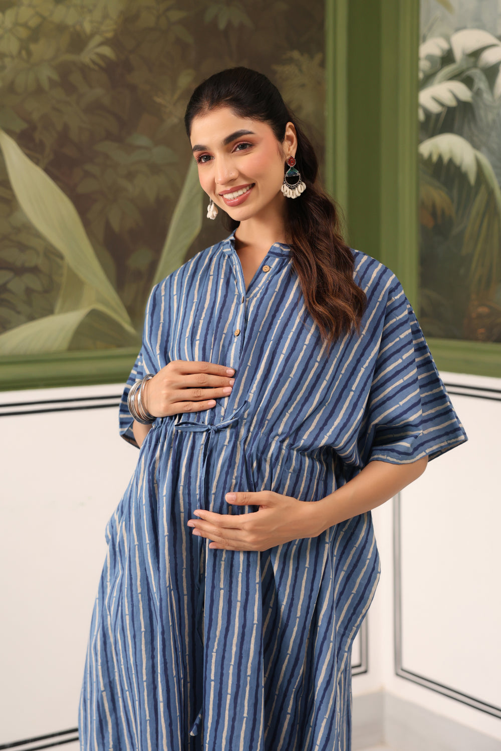 Indigo Stripes Cotton Maternity - Nursing Kaftan ( One-Size )