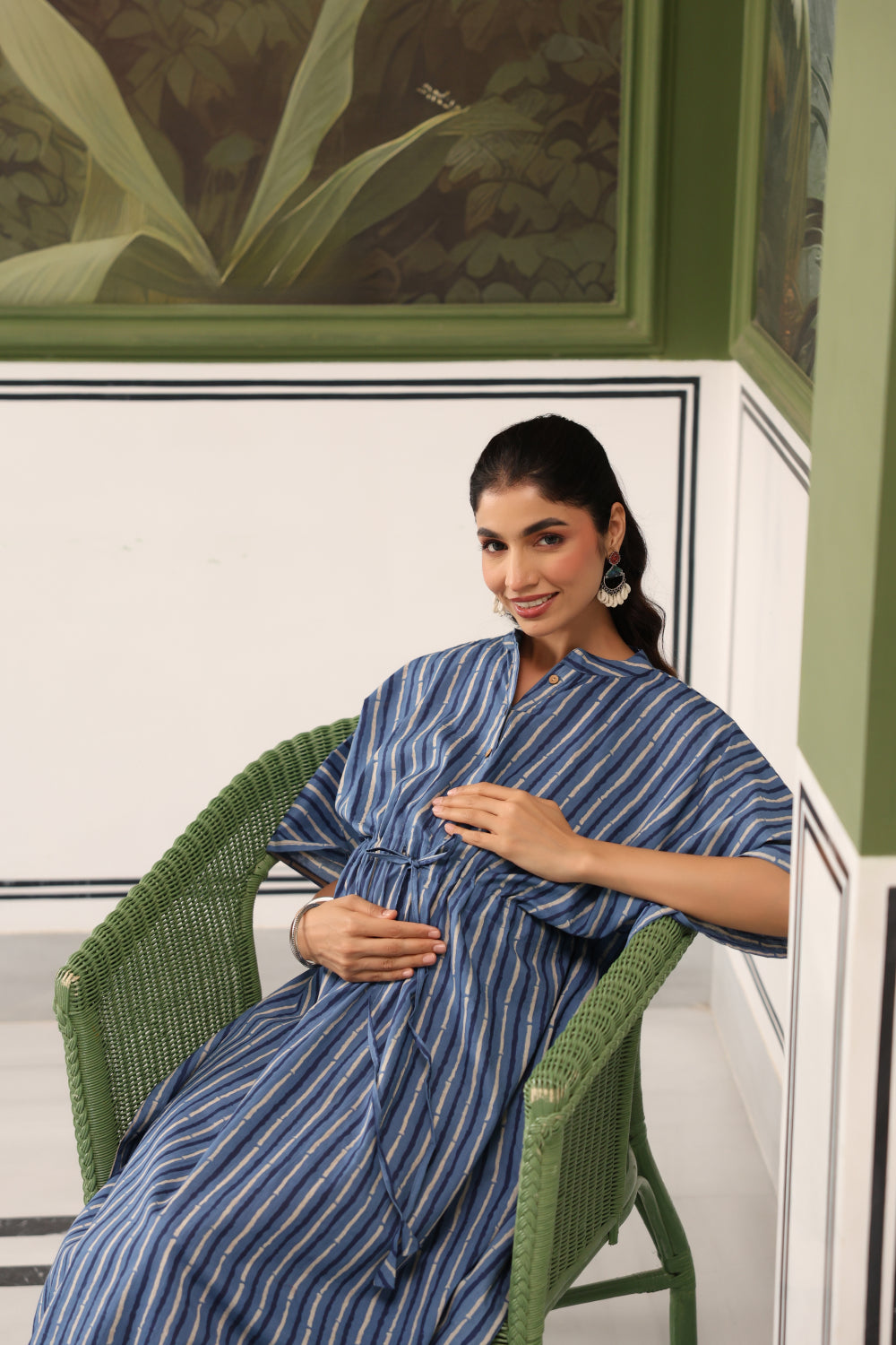 Indigo Stripes Cotton Maternity - Nursing Kaftan ( One-Size )