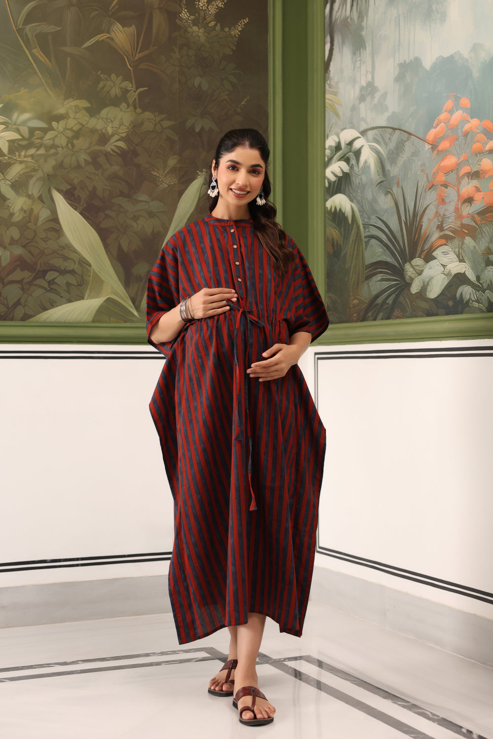 Ajrakh Stripes Cotton Maternity - Nursing Kaftan ( One-Size )