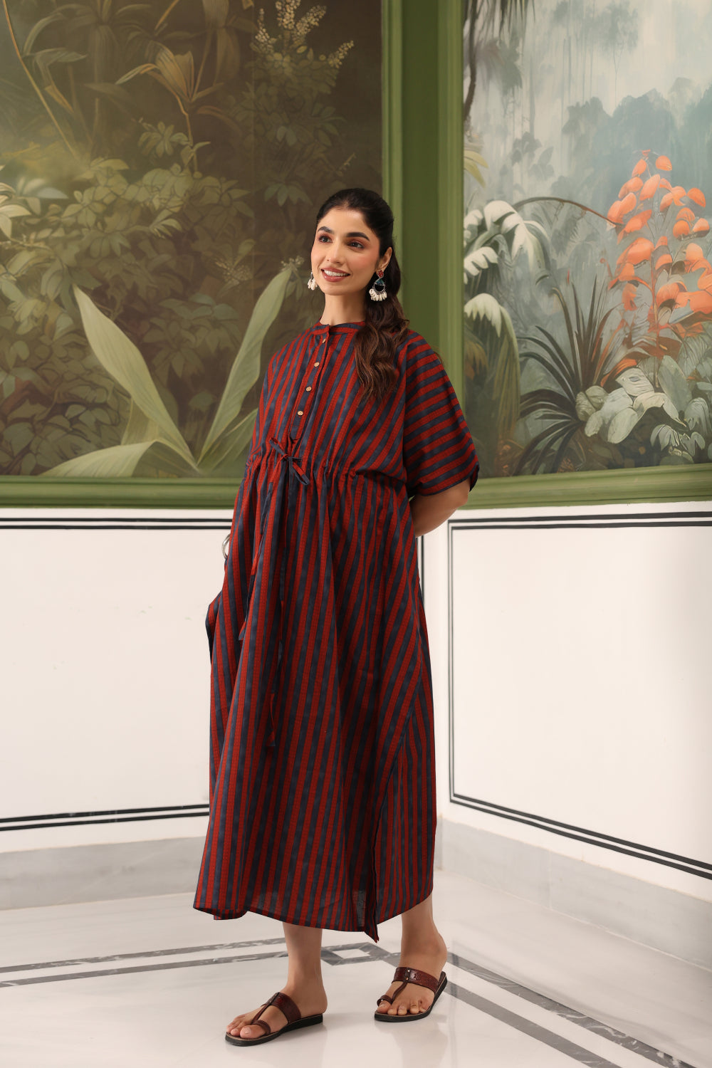 Ajrakh Stripes Cotton Maternity - Nursing Kaftan ( One-Size )
