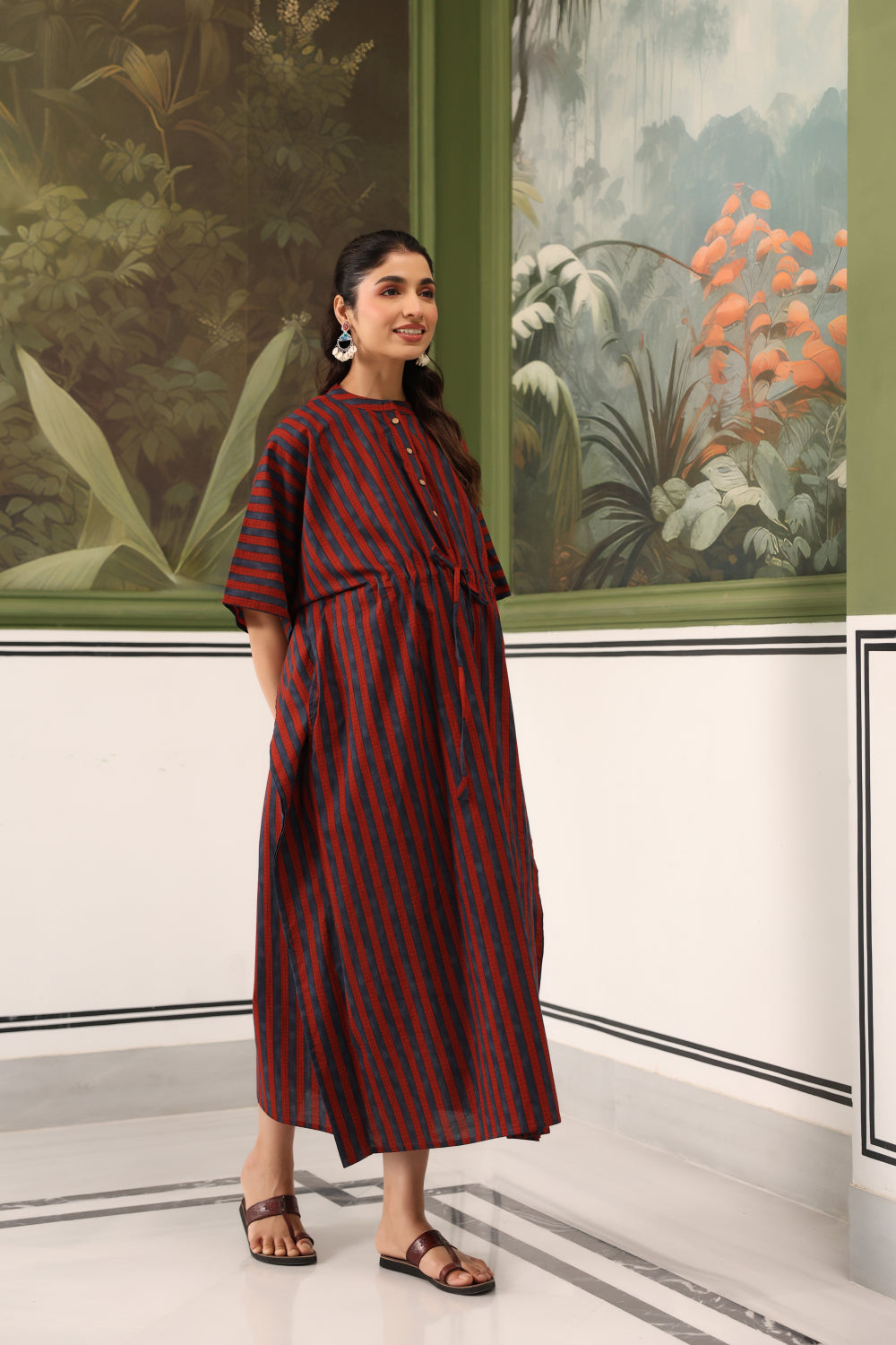 Ajrakh Stripes Cotton Maternity - Nursing Kaftan ( One-Size )