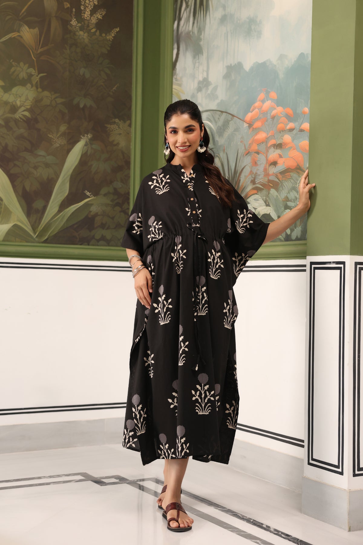 Moonlit Garden Cotton Maternity - Nursing Kaftan ( One-Size )