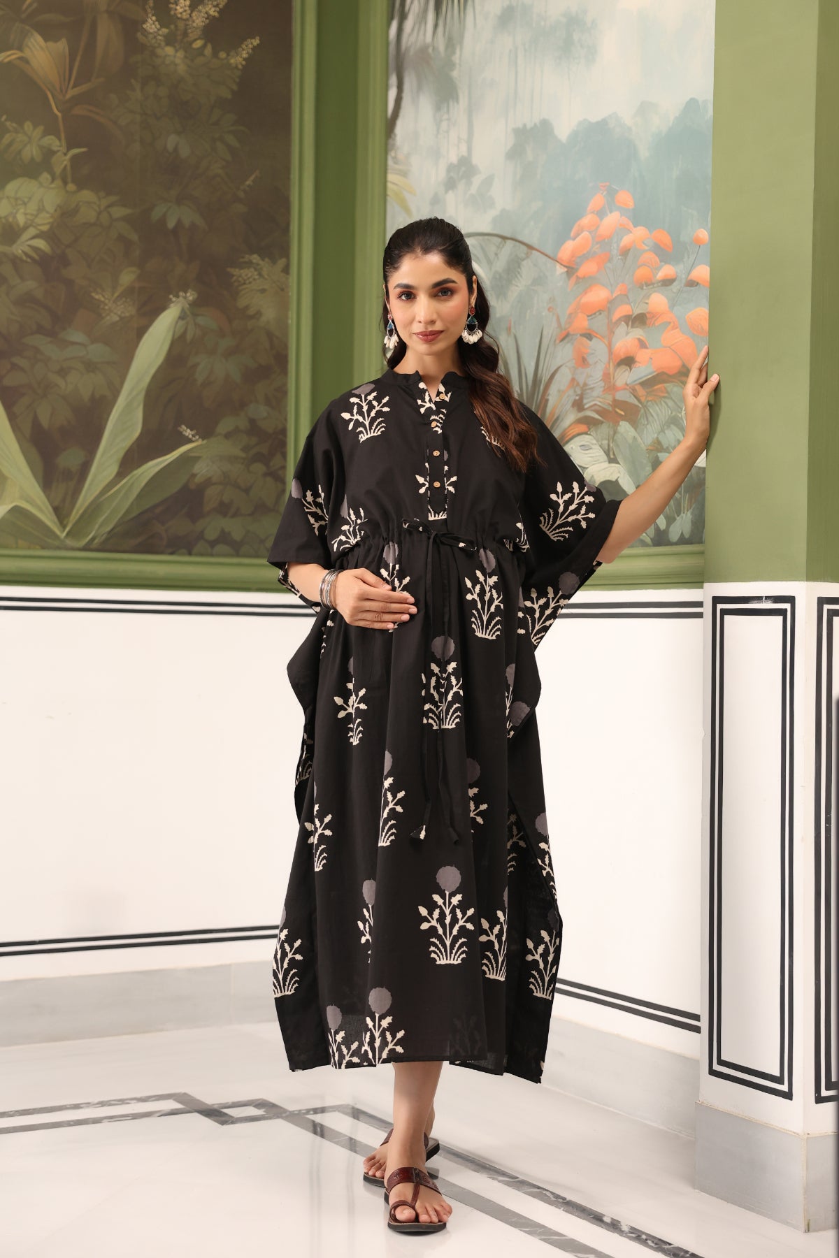 Moonlit Garden Cotton Maternity - Nursing Kaftan ( One-Size )