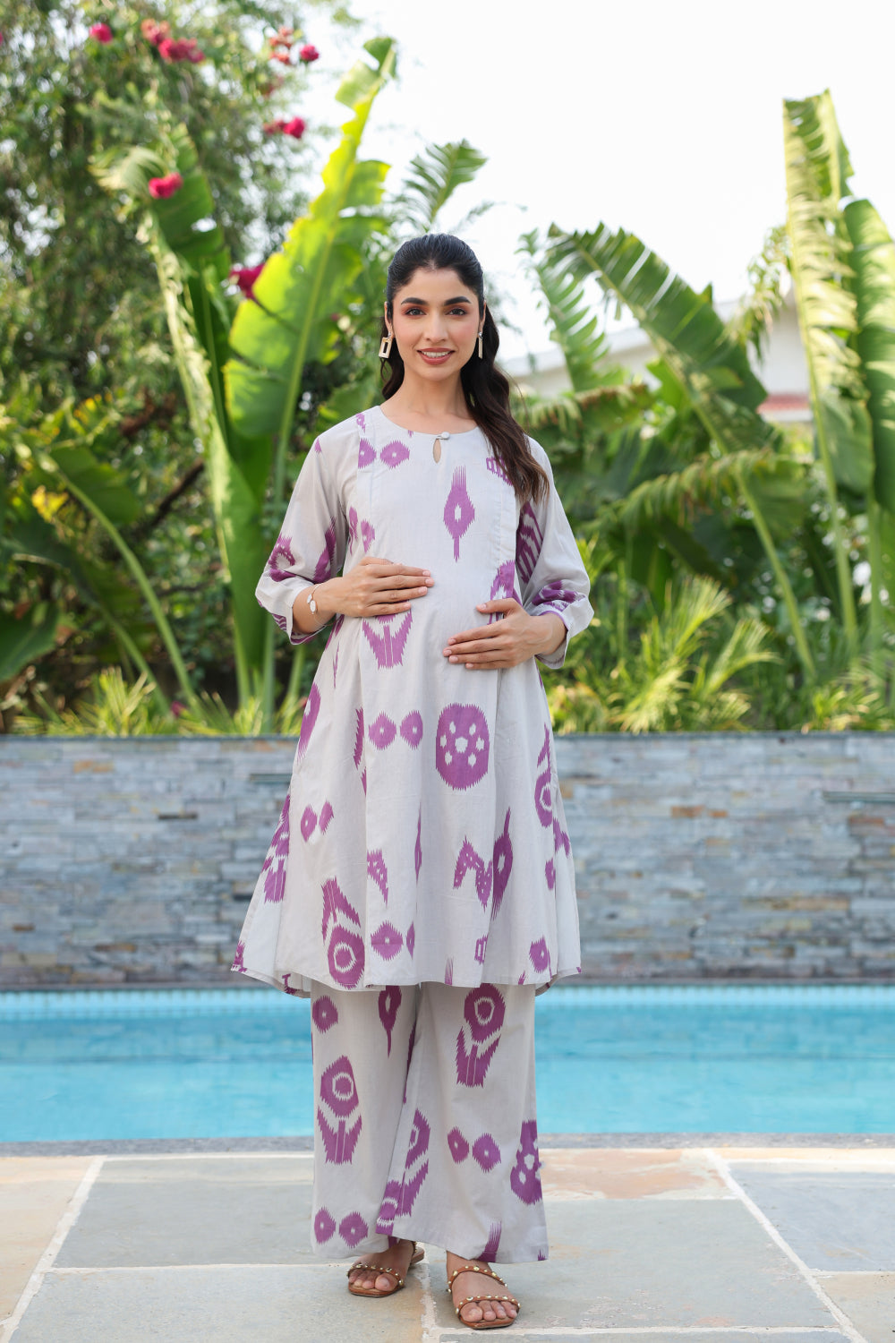 French Grey Classic Ikat Cotton Maternity - Nursing Co-ord Set