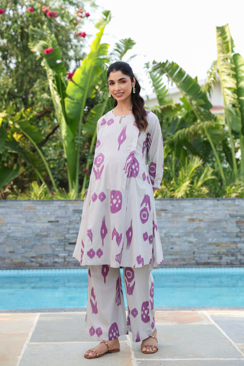 French Grey Classic Ikat Cotton Maternity - Nursing Co-ord Set
