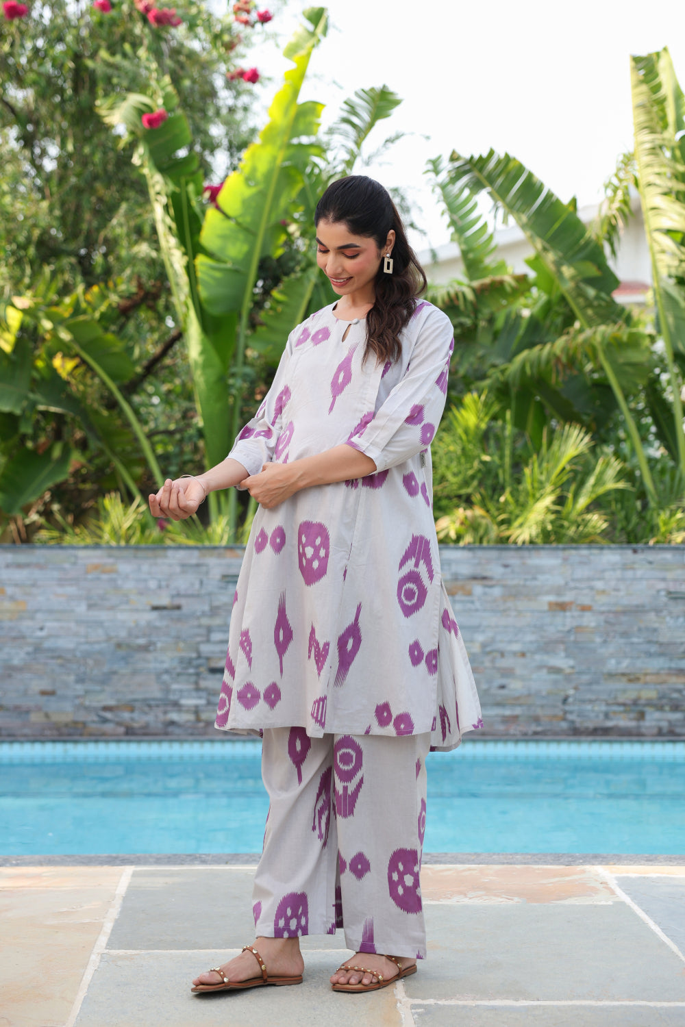 French Grey Classic Ikat Cotton Maternity - Nursing Co-ord Set