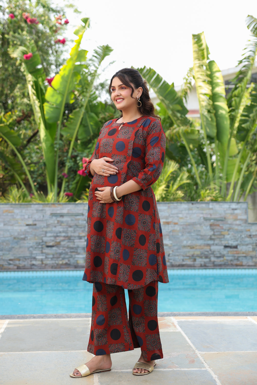 Maroon Mandala Cotton Maternity - Nursing Co-ord Set