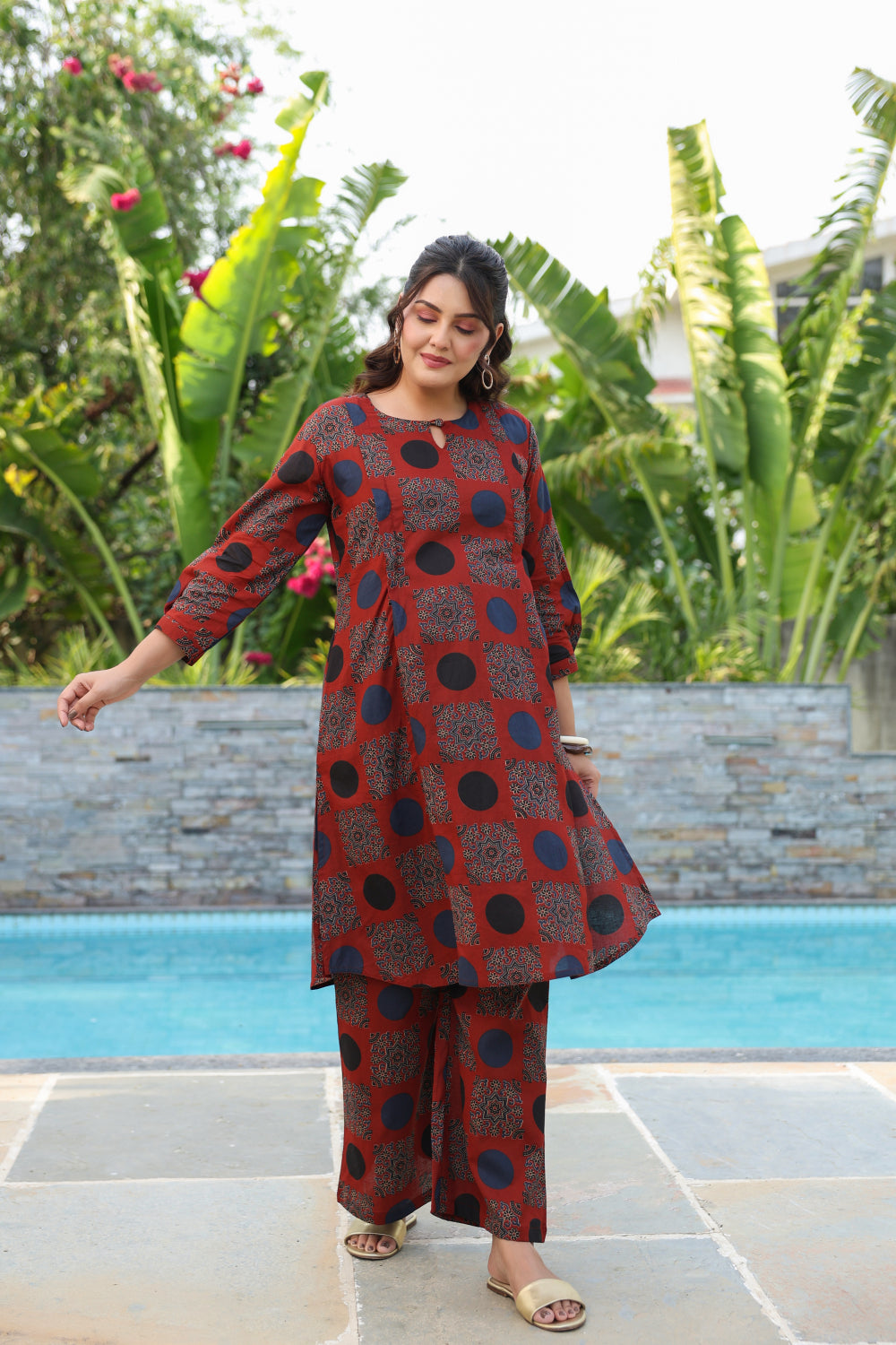Maroon Mandala Cotton Maternity - Nursing Co-ord Set