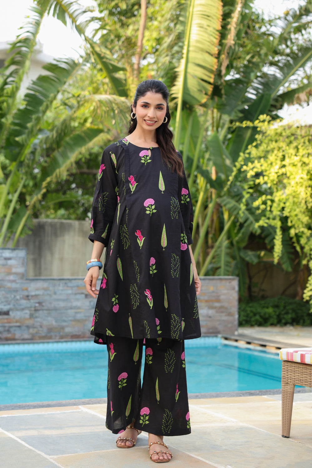 Power Black Mughal Boota Cotton Maternity - Nursing Co-ord Set
