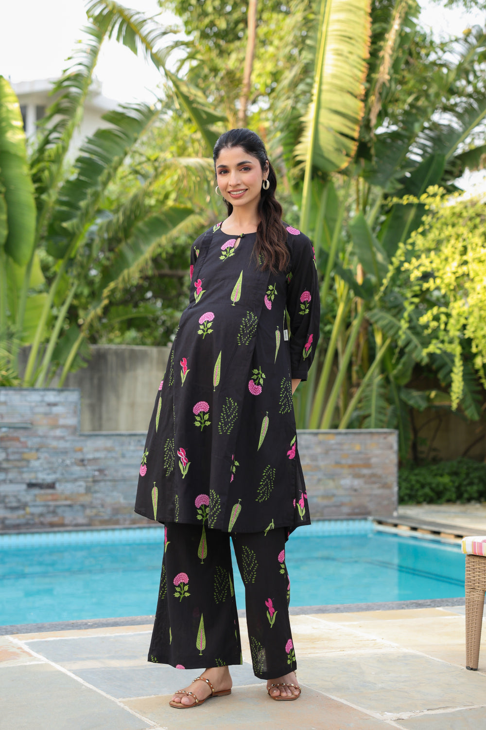 Power Black Mughal Boota Cotton Maternity - Nursing Co-ord Set