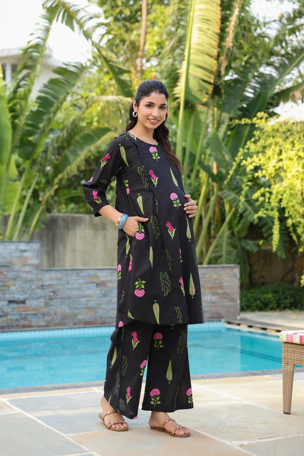 Power Black Mughal Boota Cotton Maternity - Nursing Co-ord Set