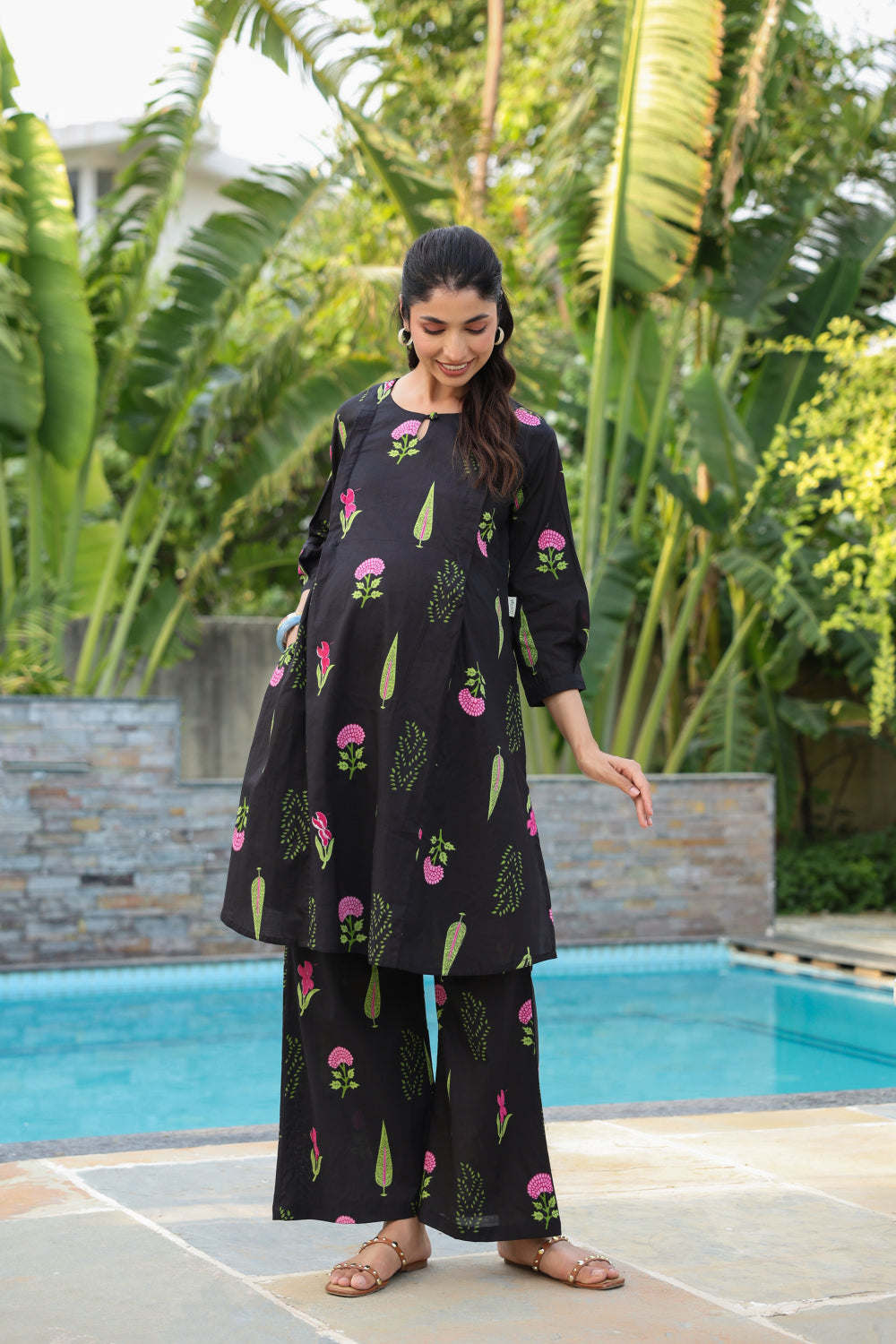 Power Black Mughal Boota Cotton Maternity - Nursing Co-ord Set