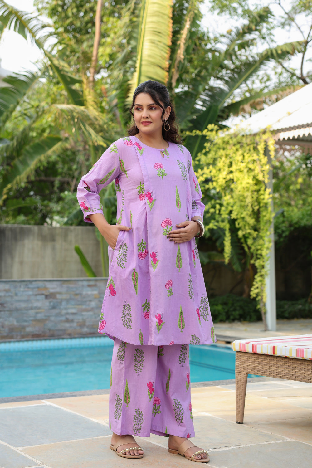 Lilac Glow Mughal Boota Cotton Maternity - Nursing Co-ord Set