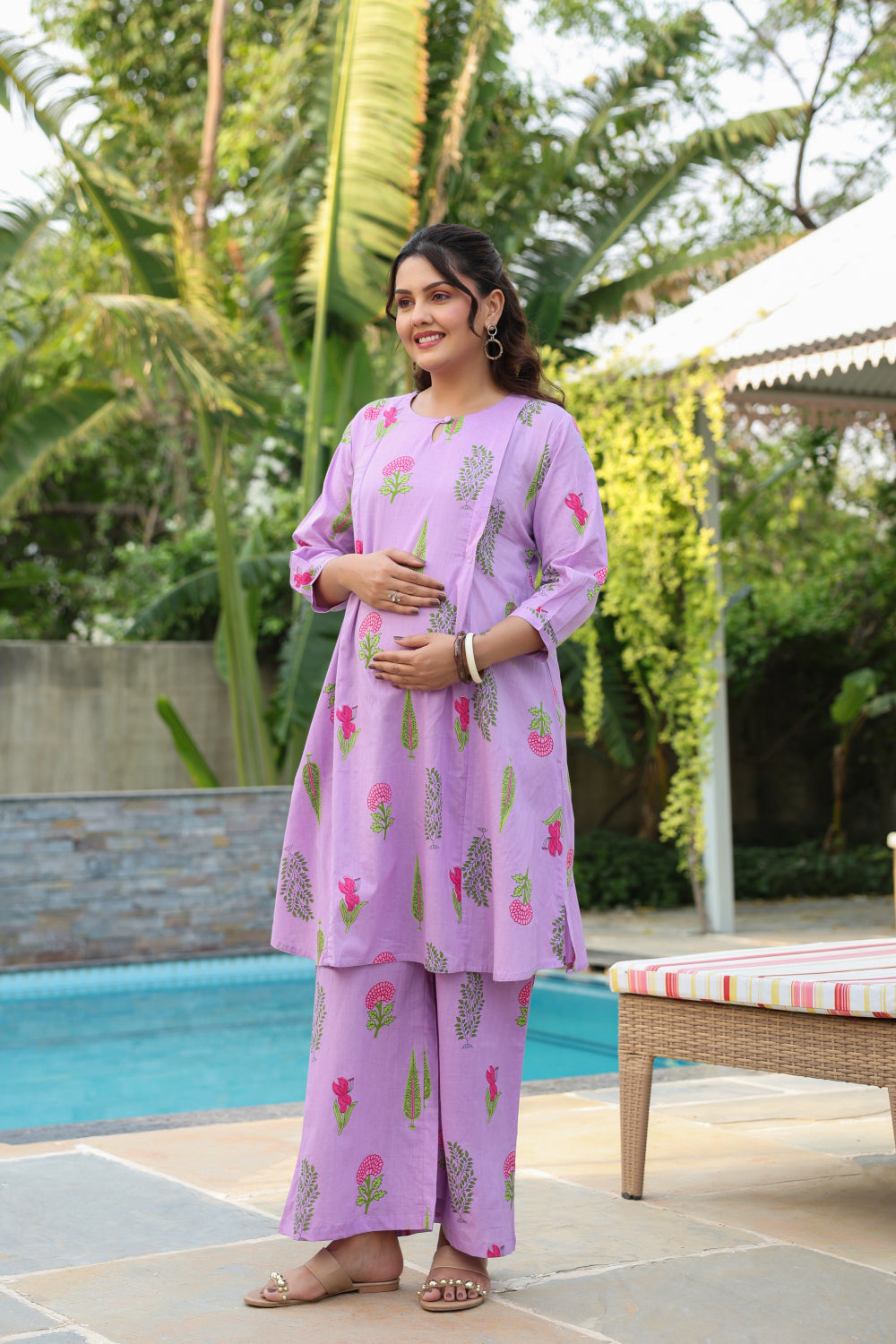 Lilac Glow Mughal Boota Cotton Maternity - Nursing Co-ord Set