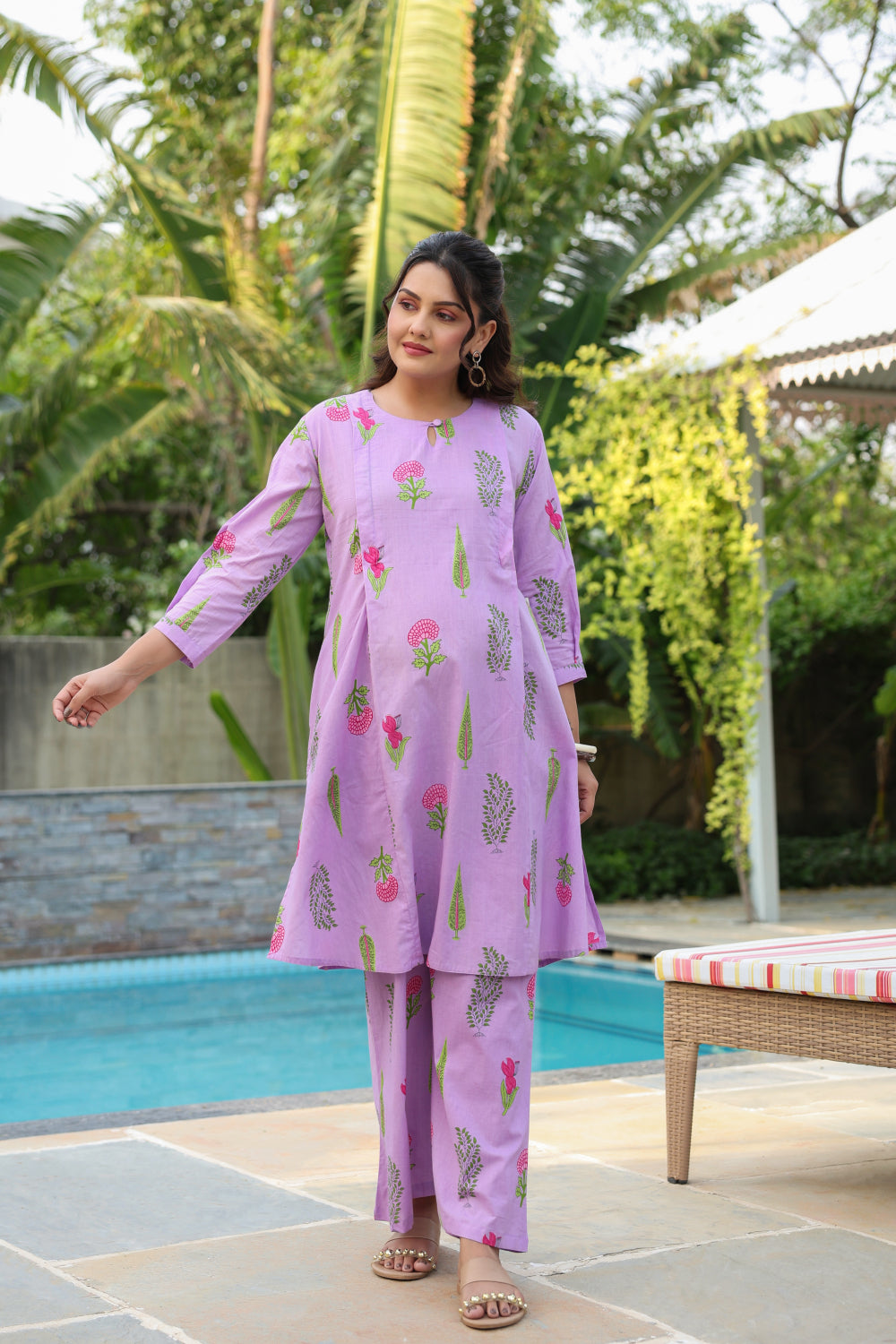 Lilac Glow Mughal Boota Cotton Maternity - Nursing Co-ord Set