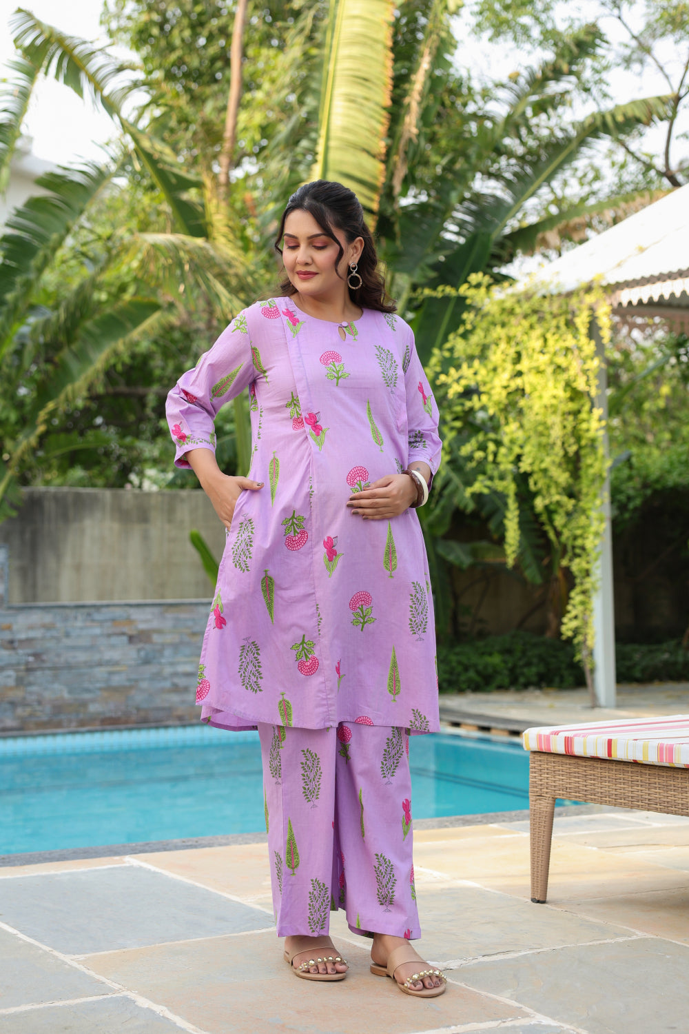 Lilac Glow Mughal Boota Cotton Maternity - Nursing Co-ord Set