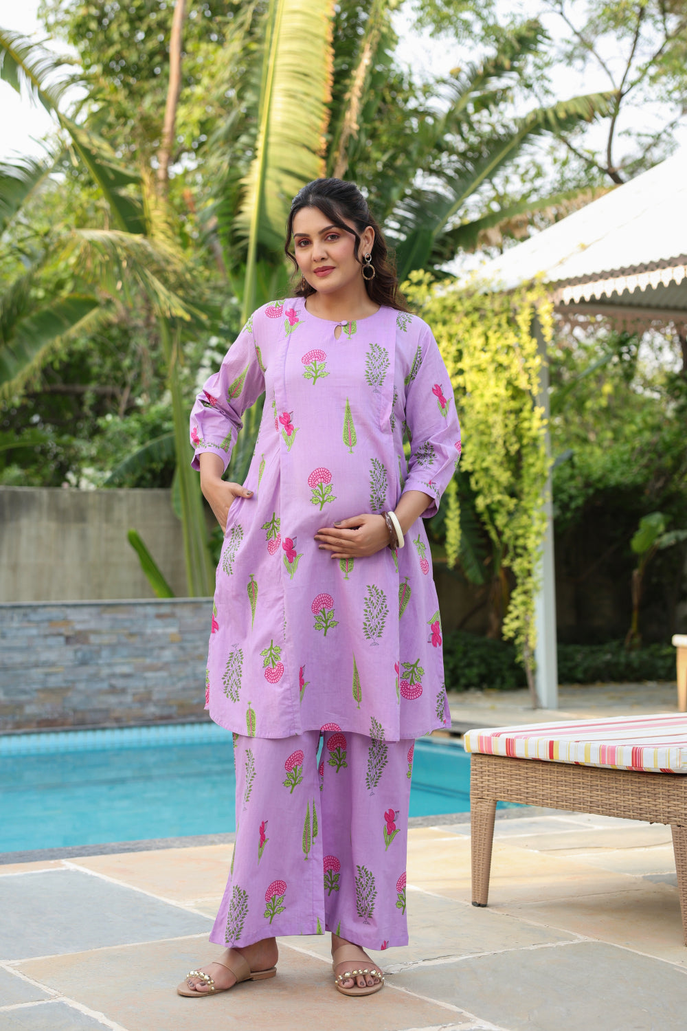 Lilac Glow Mughal Boota Cotton Maternity - Nursing Co-ord Set