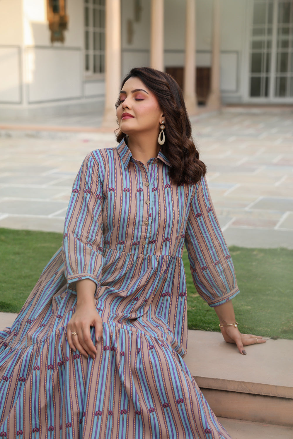 Azure Ajrakh Lines Cotton Maternity - Nursing Dress