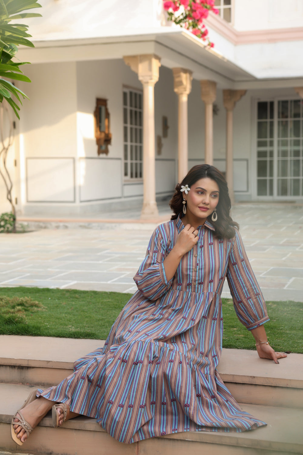 Azure Ajrakh Lines Cotton Dress