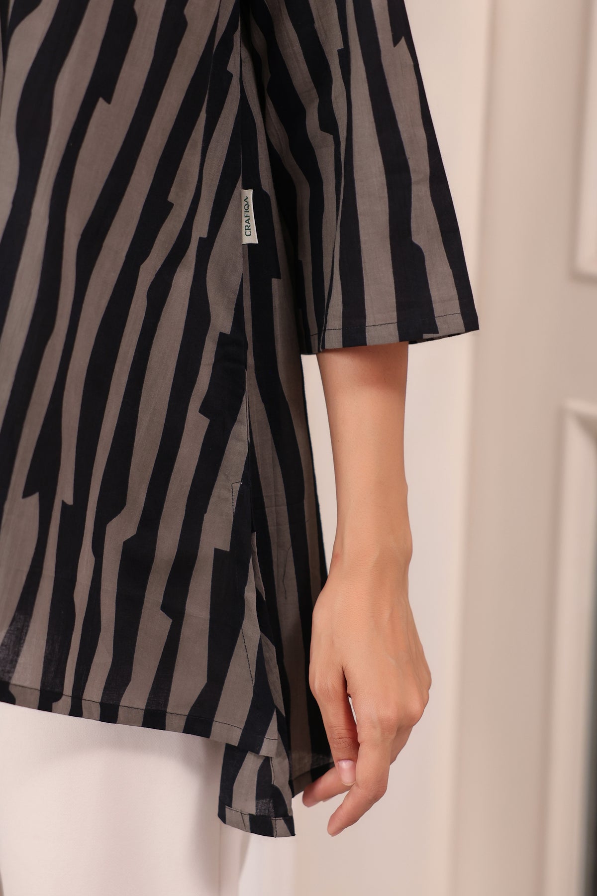 Black Grey Abstract Stripe Cotton Top