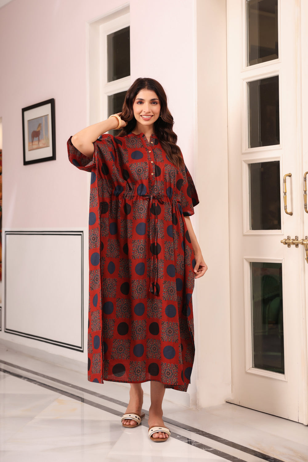 Maroon Mandala Cotton Kaftan ( One-Size )