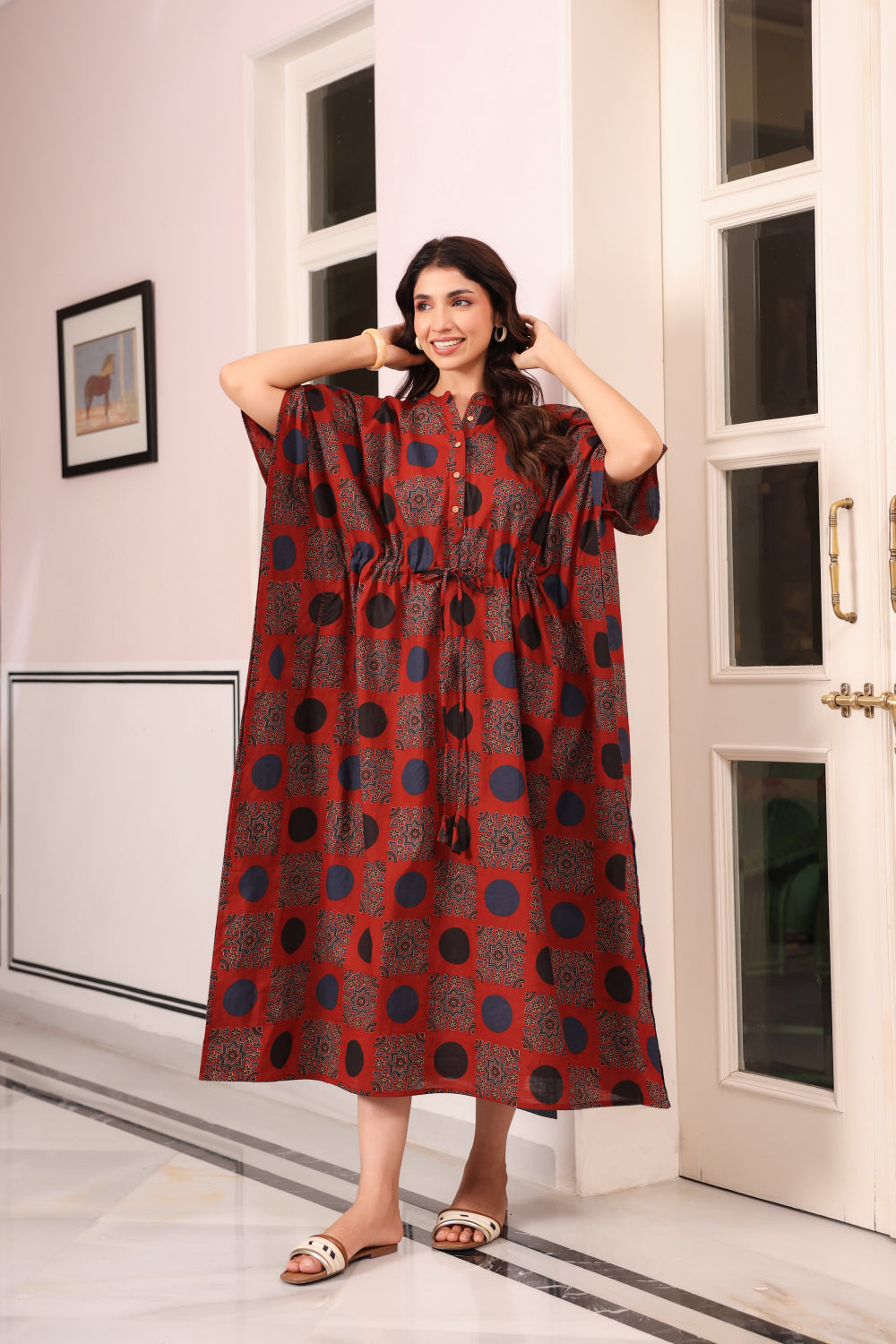 Maroon Mandala Cotton Kaftan ( One-Size )