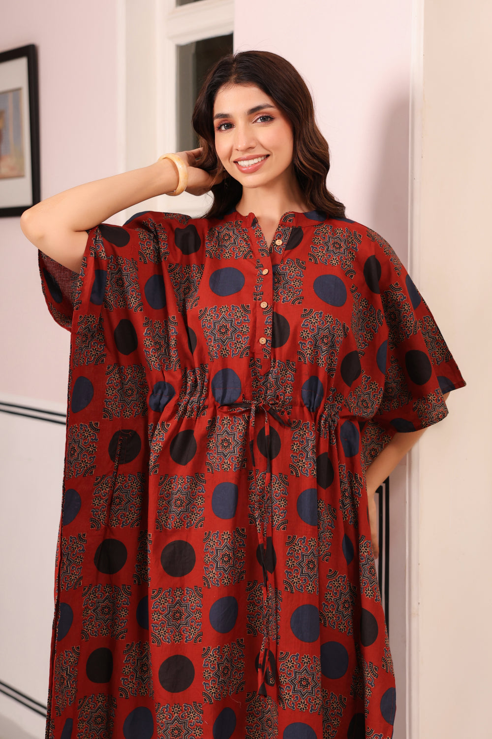 Maroon Mandala Cotton Kaftan ( One-Size )