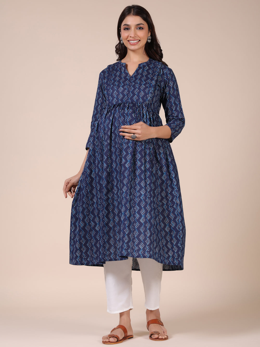 Prussian Blue Cotton Maternity - Nursing Kurta