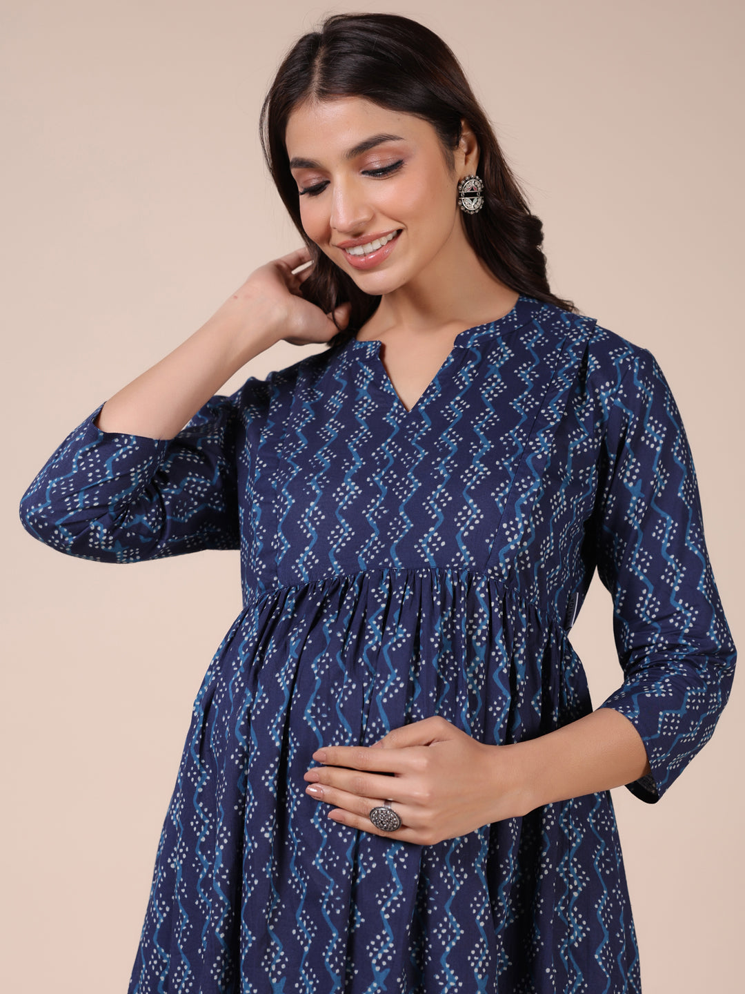 Prussian Blue Cotton Maternity - Nursing Kurta