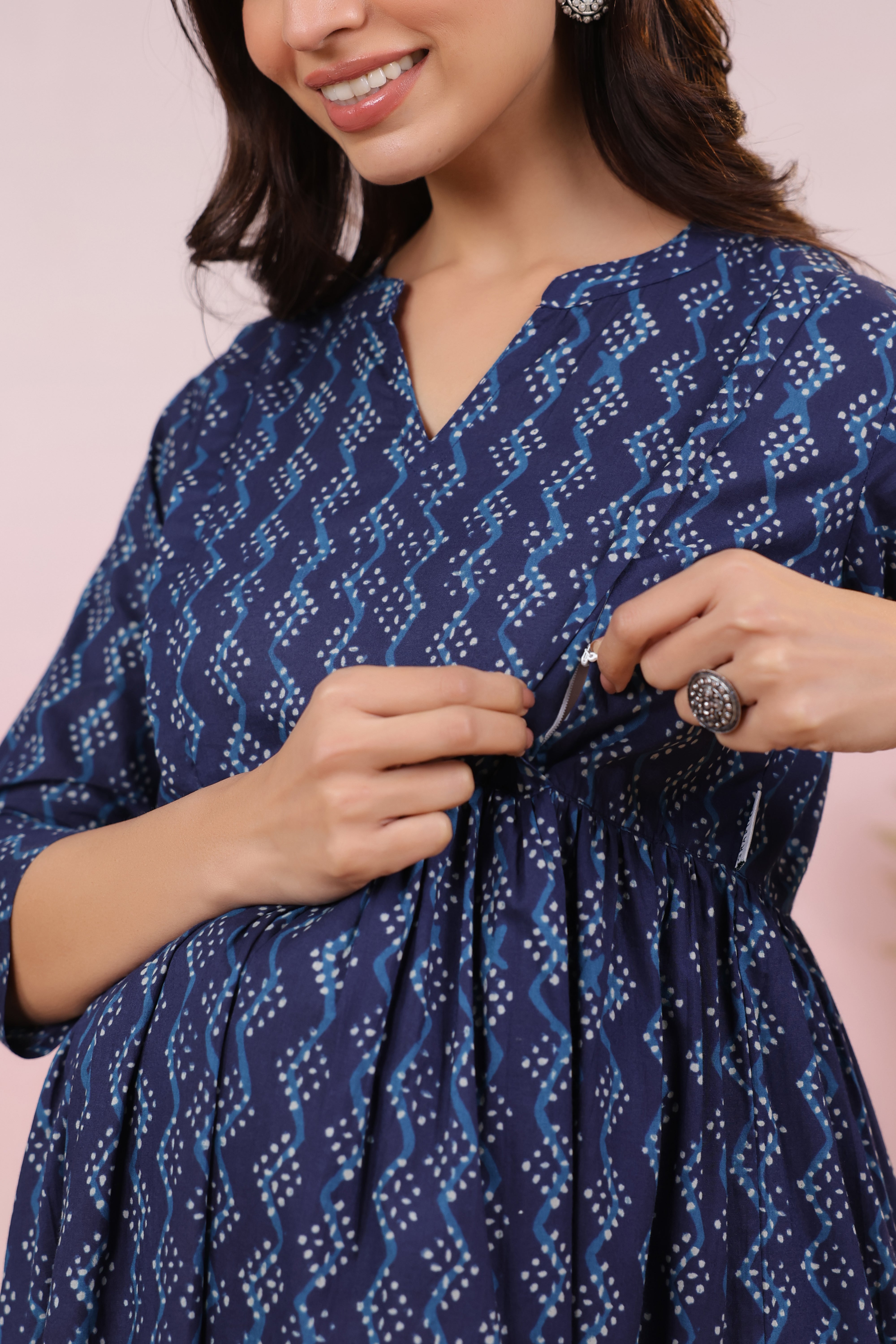 Prussian Blue Cotton Maternity - Nursing Dress
