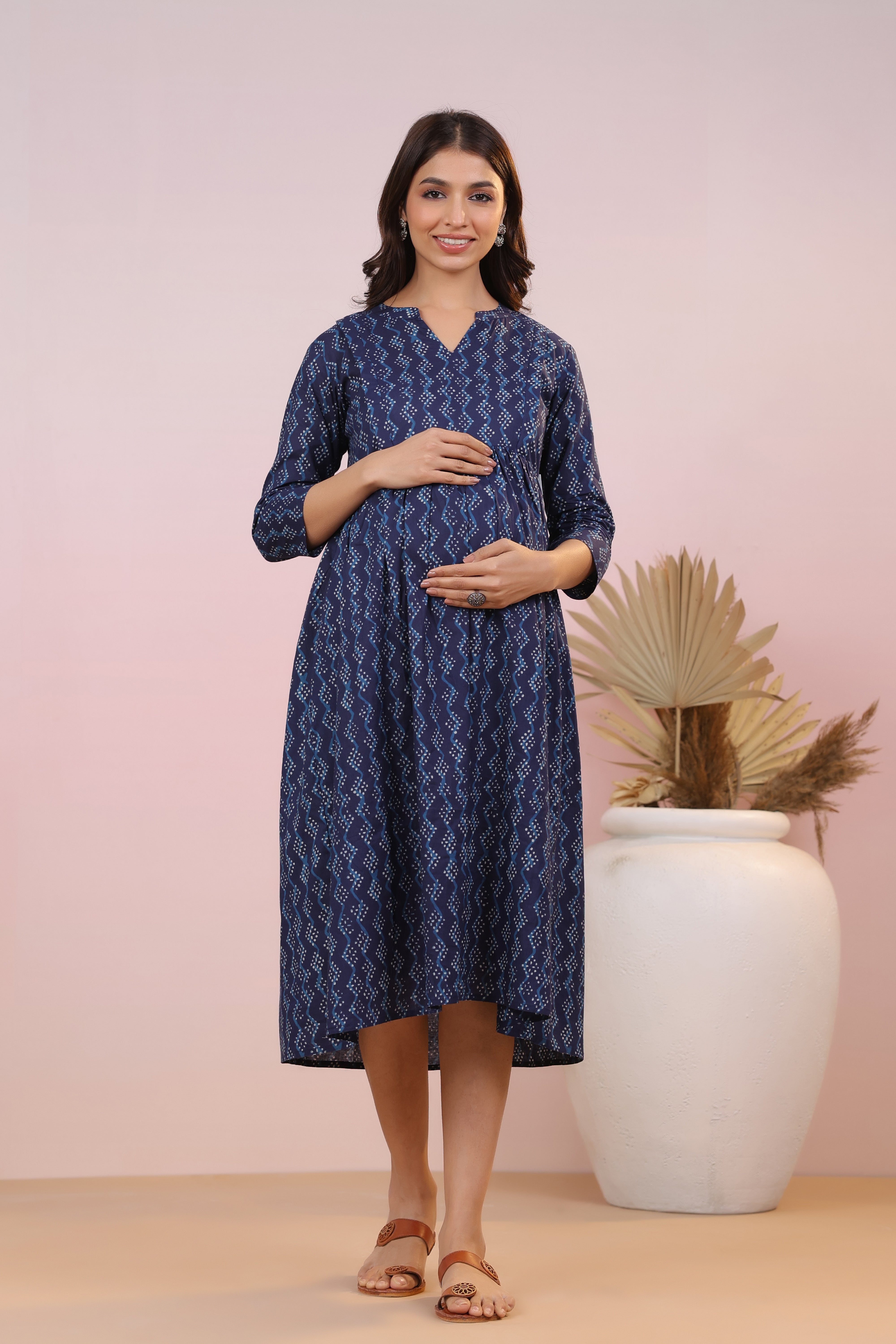 Prussian Blue Cotton Maternity - Nursing Dress