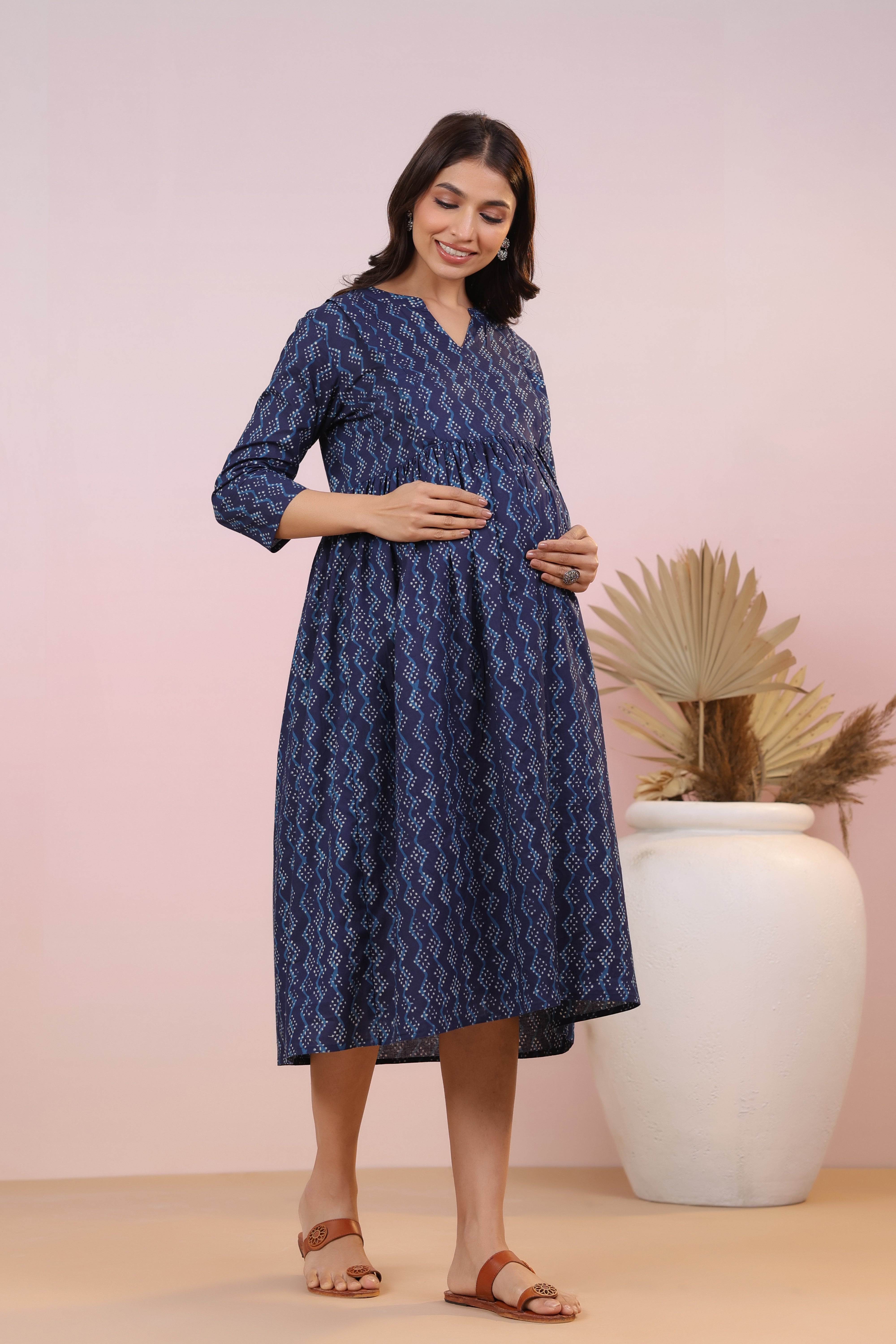 Prussian Blue Cotton Maternity - Nursing Dress