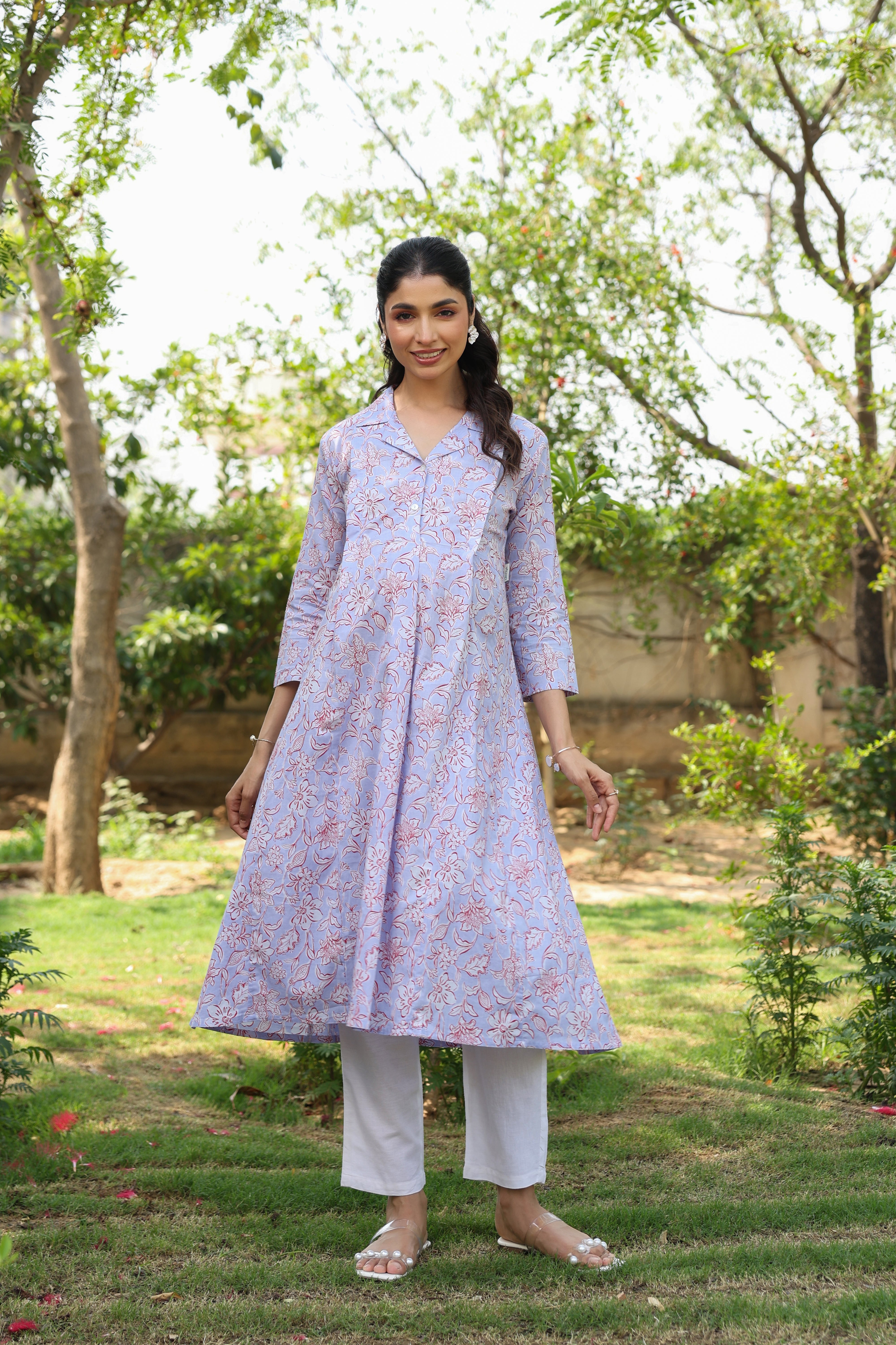 Lavender Fern Bloom Cotton Maternity - Nursing Kurta