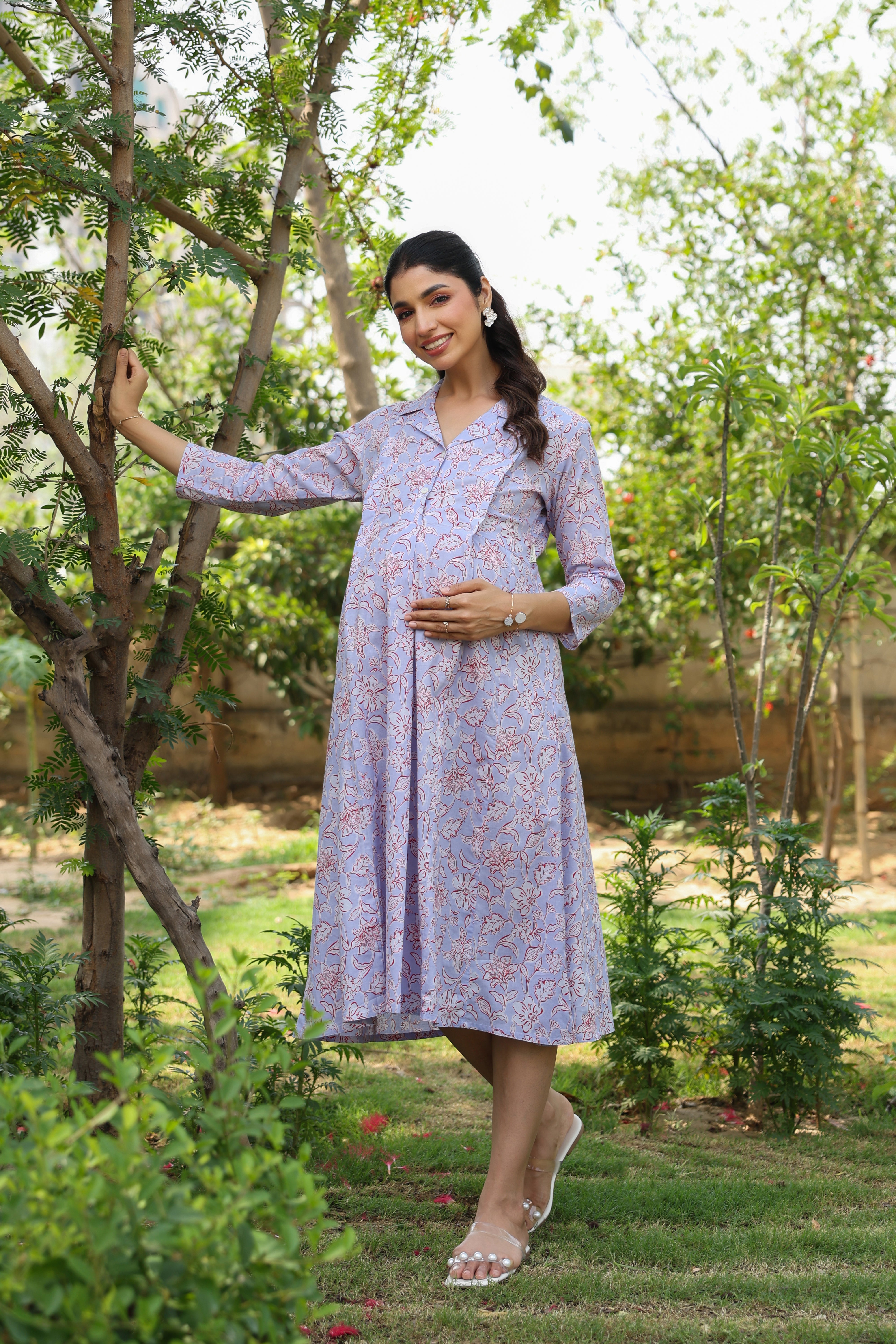 Lavender Fern Bloom Cotton Maternity - Nursing Dress