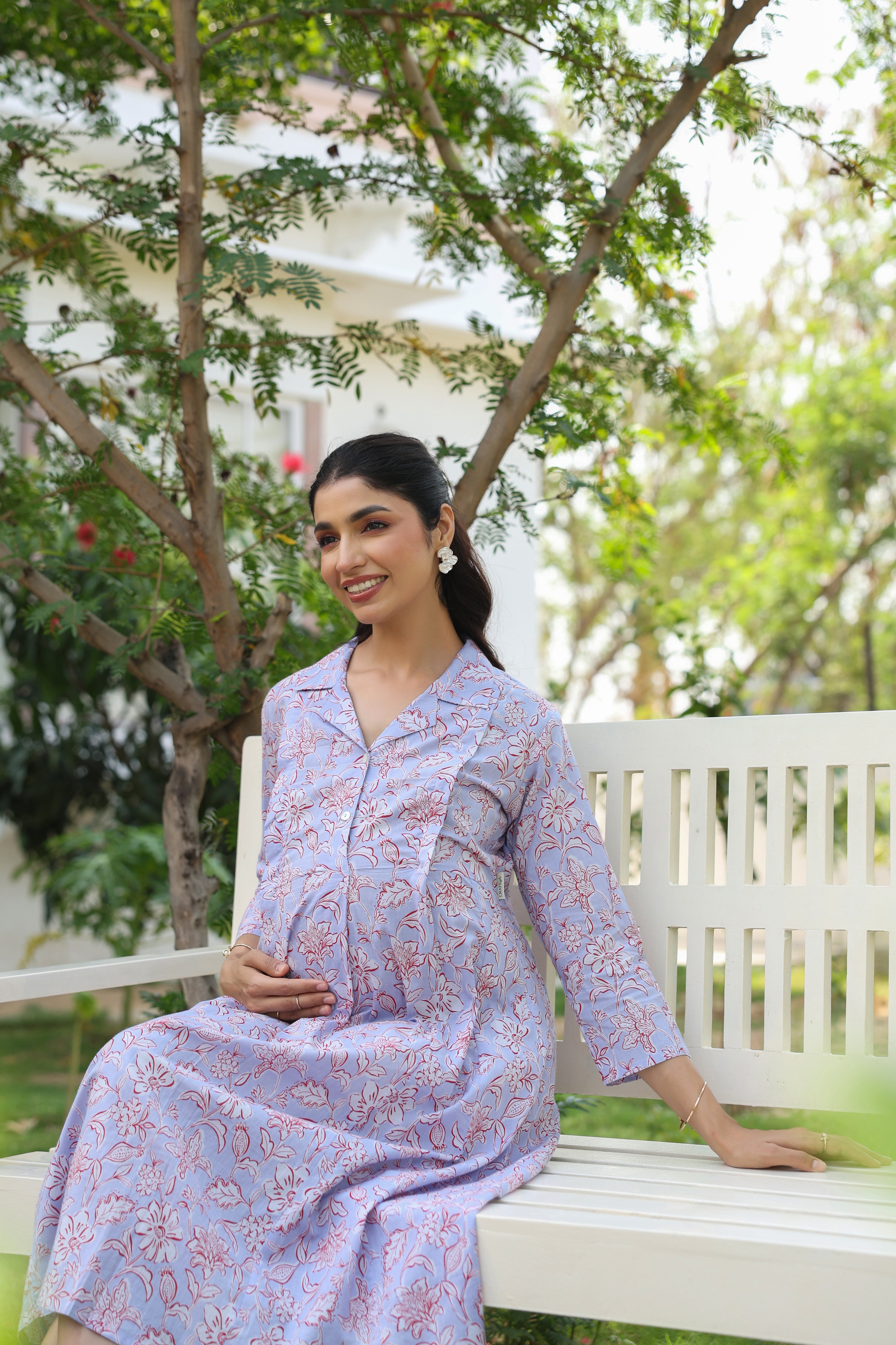 Lavender Fern Bloom Cotton Maternity - Nursing Dress