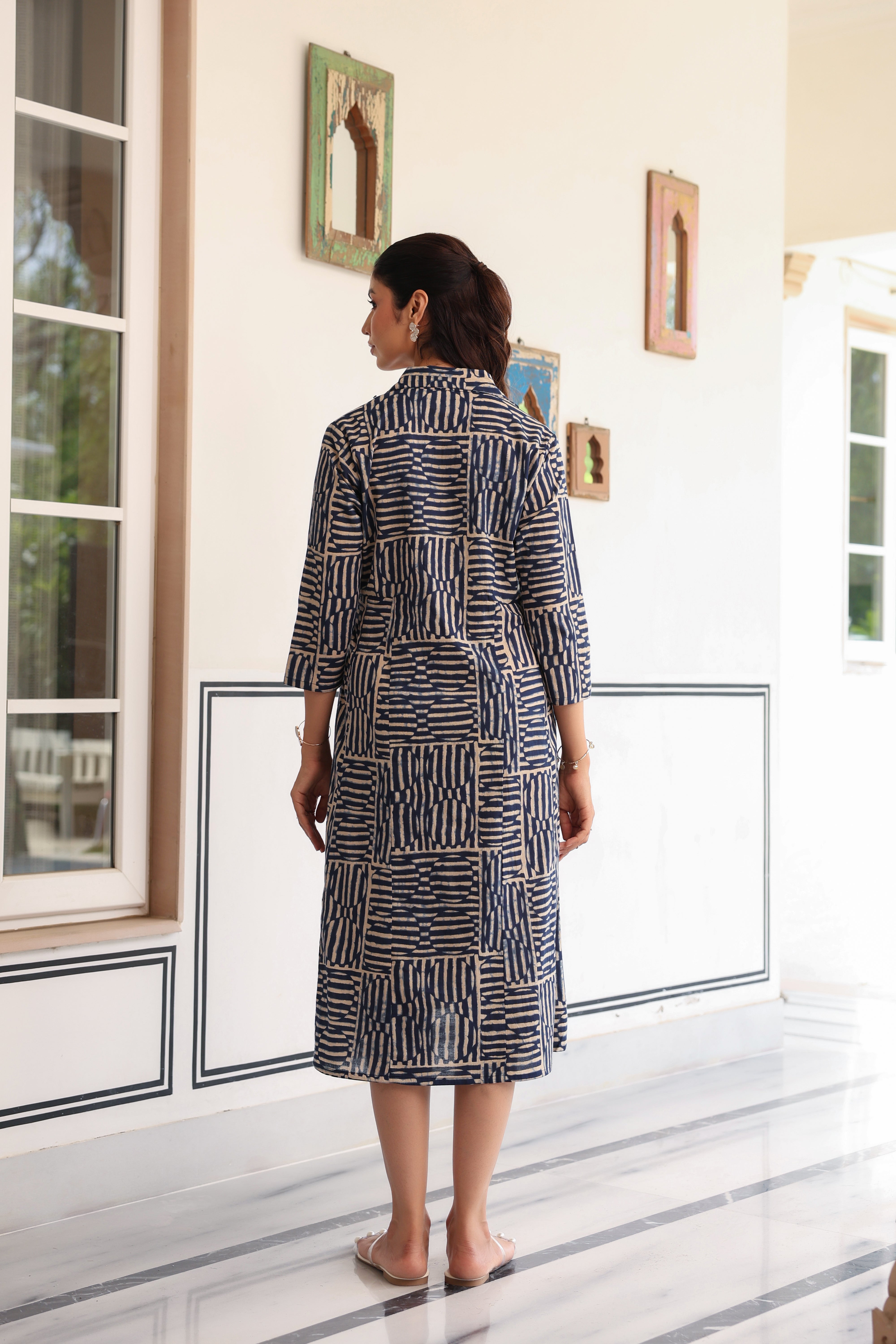 Indigo Maze Cotton Maternity - Nursing Dress